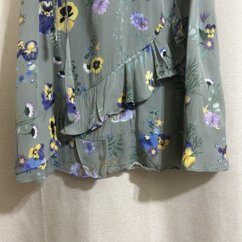 Y2K V-neck short sleeves wrap style ruffled hem Green floral pattern Dress Sz S - Picture 9 of 9